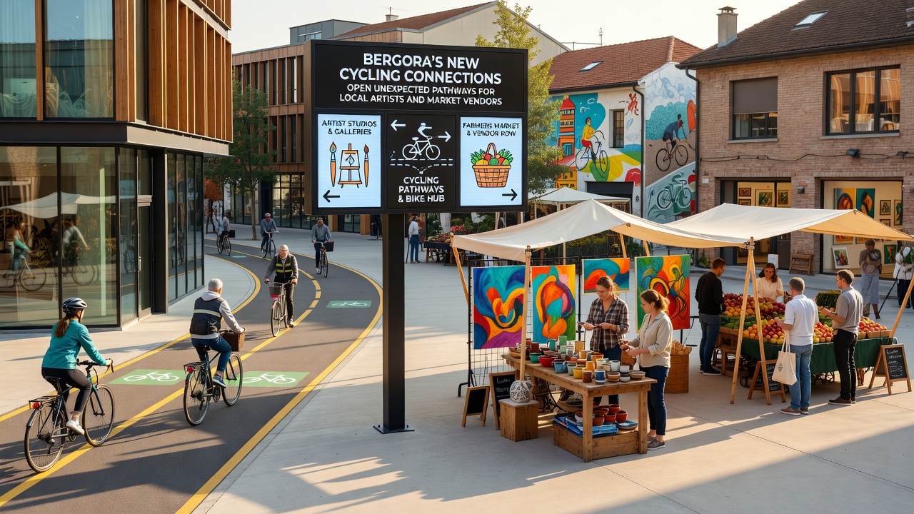 Market vendors arranging produce beside new bike racks while cyclists pass through the dedicated lane